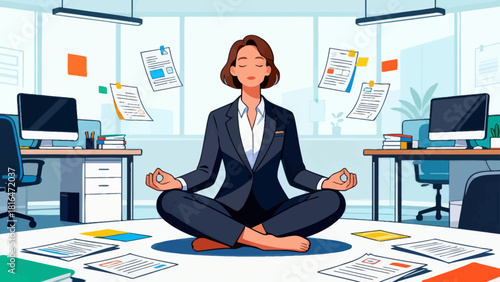 A businessman in a suit meditates in an office, emphasizing the importance of mental wellness and stress relief in a corporate environment.