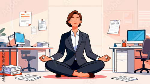 A businessman in a suit meditates in an office, emphasizing the importance of mental wellness and stress relief in a corporate environment.
