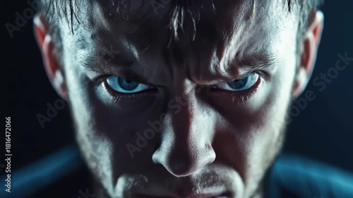 Male athlete grimacing with steely eyes, muscular build, and beard stubble in close-up shot against dark background.