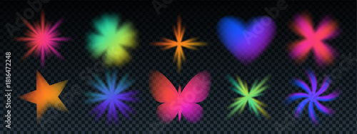 Gradient flower, heart, star, and butterfly blur element in y2k style with glowing shapes. Gradient flower y2k set in pink, orange, green, and blue tones with transparent bg and neon holographic glow.