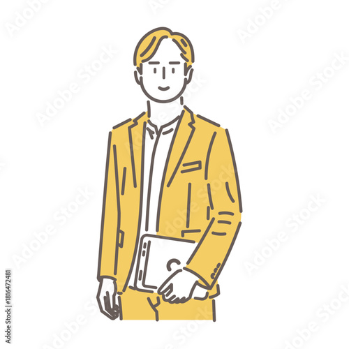 ノートパソコンを持つスタイリッシュなビジネスマンのイラスト