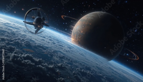 Fototapeta Naklejka Na Ścianę i Meble -  Futuristic space station orbiting a ringed planet offering a glimpse of distant worlds