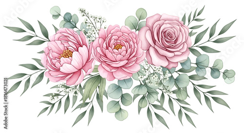 Pink Peonies and Roses with Eucalyptus Leaves floral