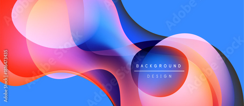 Abstract fluid shapes overlap, creating vibrant color gradients. Blue dominates background, with orange, pink highlights. Modern design element.
