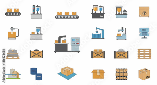 Automated Production and Packaging Line Icons Streamlining Efficiency