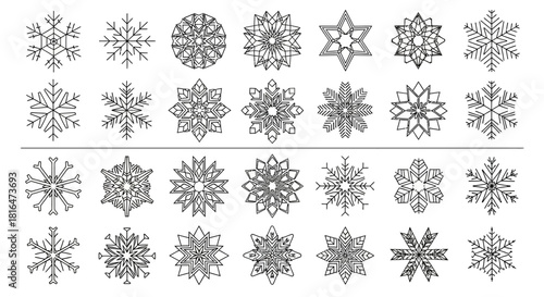 A collection of delicate, geometric snowflake icons, perfect for winter designs and festive celebrations