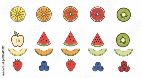 Collection of Colorful and Fresh Fruit Icons for Healthy Eating and Nutrition