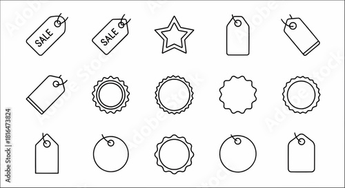 Vector line icon set of various price tags, sale labels, and promotional badges. Simple outline symbols for e-commerce and marketing