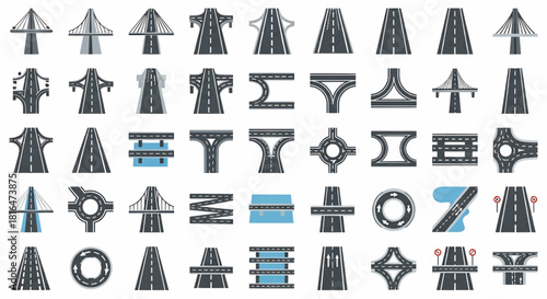 Collection of various road and highway intersection icons, bridges, and traffic elements