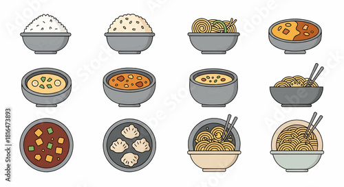 Diverse set of vector outline icons featuring traditional Asian meals such as rice, noodles, soups, and dumplings in various bowls, perfect for food-related projects