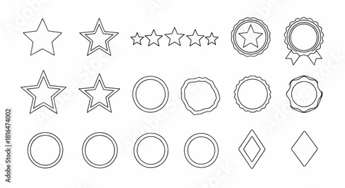 Collection of outline icons representing awards, stars, and seals of approval for quality and recognition