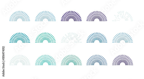 Diverse Collection of Modern Radial Fan Semicircle Icons and Abstract Geometric Graphic Elements in Vibrant Blue, Green, and Purple Hues for Creative Design Projects