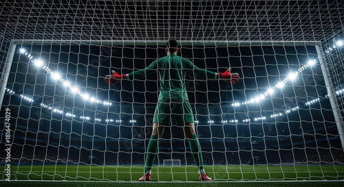 Rear view of a soccer goalkeeper defending the goal in a stadium at night. Professional football player in position for a save during a match