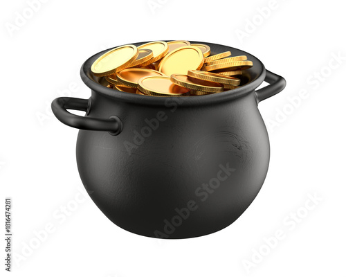 Iron black cauldron full shiny gold coin on white background. Isolated 3D illustration. St Patrick`s day