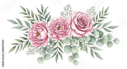 Pink Peony and Rose Floral Arrangement Watercolor graphic
