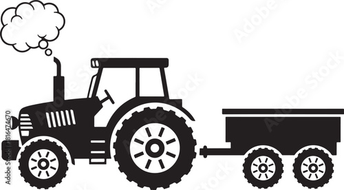 Black silhouette of a tractor pulling a trailer with a thought bubble silhouette