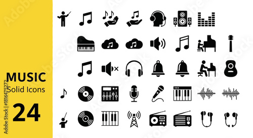 Modern Solid Music Icons Collection Vector Symbols for Audio, Sound, Instruments, and Entertainment in a Sleek, Minimalist Glyph Design for Digital Use