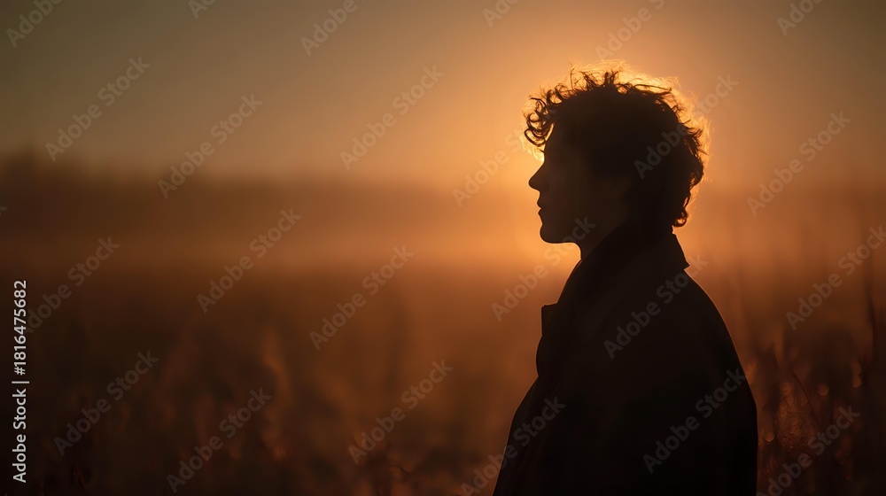 Naklejka premium Silhouette of young man with curly hair standing in field during golden sunset, atmospheric fog creating dreamy landscape for contemplative mood.