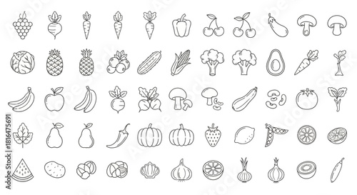 Comprehensive Line Art Collection of Fresh Fruits and Vegetables Icons, Perfect for Healthy Eating and Nutrition Designs, Outline Vector Set for Modern Applications