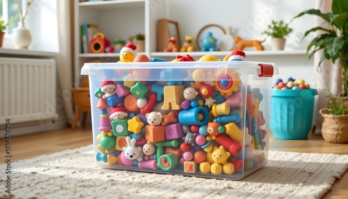 a big transparent storage box with neatly arranged toys in a bright tidy room.