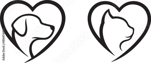 Outline illustration of a dog and a cat head profiles inside heart shapes, symbolizing pet love, care, and animal welfare concepts.