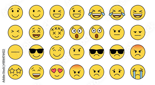 Diverse collection of vibrant yellow emoji faces expressing a wide spectrum of human emotions and feelings, ideal for digital communication and web design
