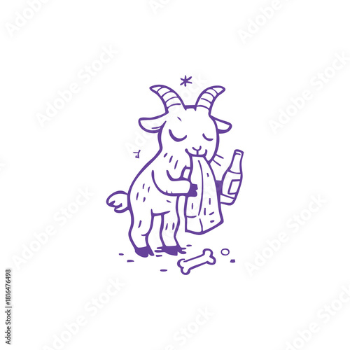 Drunk Goat with Beer Bottle Cartoon