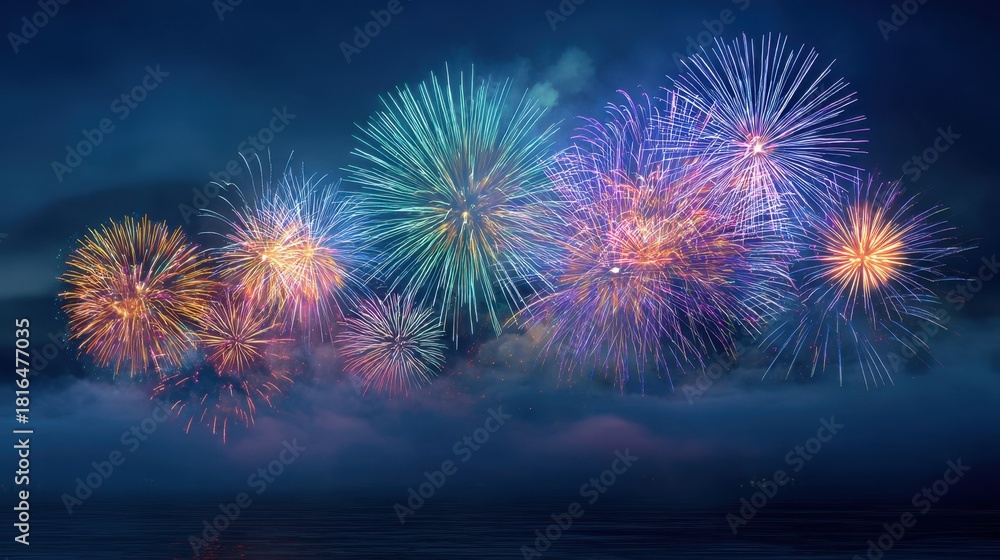 Obraz premium Vibrant and Colorful Fireworks Exploding in the Night Sky Over Calm Water Creating a Festive and Celebratory Atmosphere for Celebrations and Events