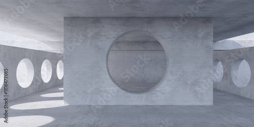 Fotografie Concrete interior room with divider wall and round openings - modern butalism in