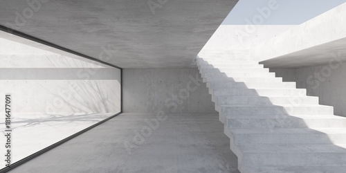 Concrete interior room with glass wall to outside courtyard and stairs to the roof terrace - modern butalism interior background template