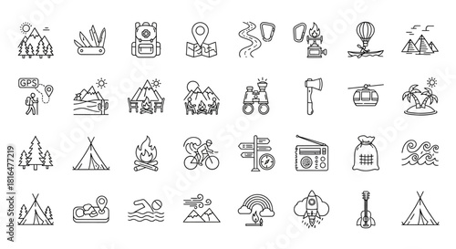 Sleek Line Art Icon Collection for Outdoor Adventures and Travel. Essential Vector Graphics for Camping, Hiking, and Nature-themed Digital Design Projects