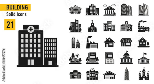 Set of solid building icons representing various types of structures and establishments, perfect for architectural and urban design projects