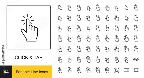 Collection of click and tap cursor icons, featuring a hand icon and various pointer designs, presented in a clean, modern editable line art style suitable for digital interfaces