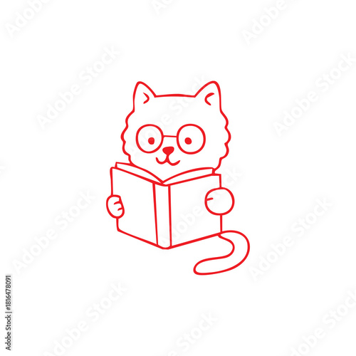 Cat Reading a Book Cartoon Illustration