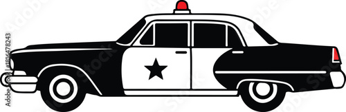 Classic american vintage police car illustration with red siren, retro law enforcement vehicle, side profile view, monochrome design with star emblem.