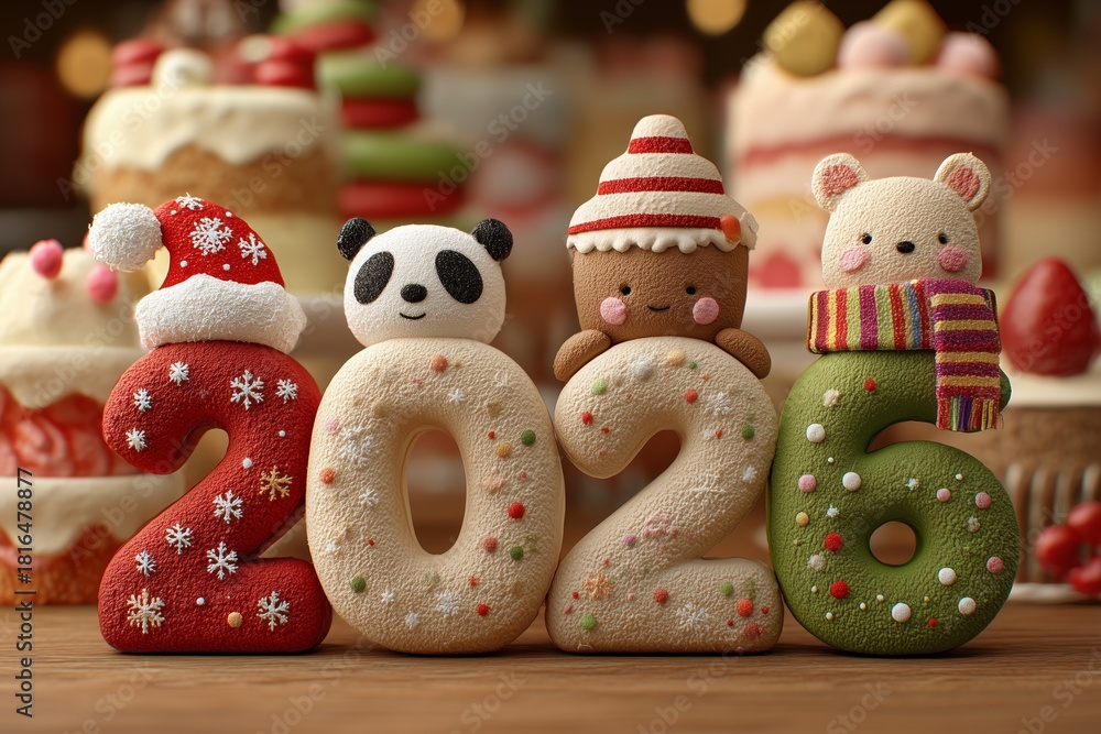 Naklejka premium Celebration of New Year's 2026 with cute festive decorations and charming characters in a joyful display