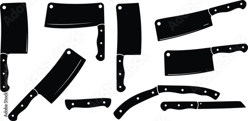Kitchen knife silhouette set, cleaver vector icons, butcher blade shapes, black graphic tools, culinary equipment, flat illustration collection