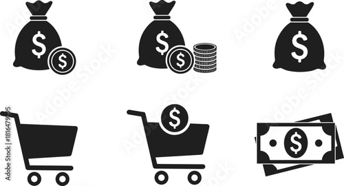 Money shopping icon set, dollar symbol graphics, financial commerce pack, black vector illustration, retail transaction design, flat economy elements