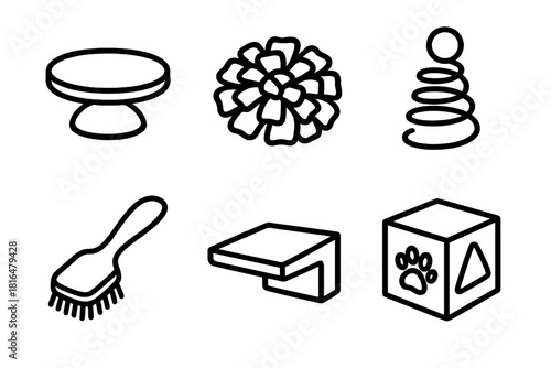 Pet Enrichment Icons. Pet Activity Enrichment linear icon set: balance platform, snuffle toy, playful spring, gentle brush, perch ledge, enrichment cube