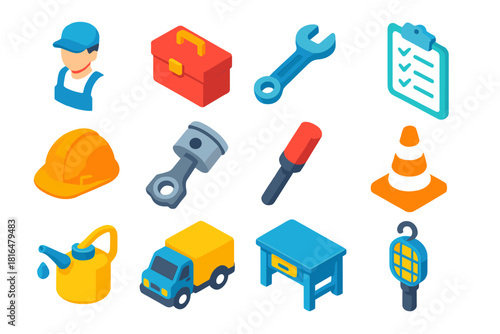 Isometric Maintenance Icons. Maintenance and safety flat icons set. mechanic, toolbox, wrench, checklist, helmet, engine part, signal wand, safety cone, oil can, maintenance truck