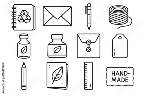 Eco Stationery Icons. Eco-Friendly Stationery linear icon set: recycled notebook, bamboo pen, paper envelope, twine roll, plant-based glue, natural ink bottle, cardboard folder