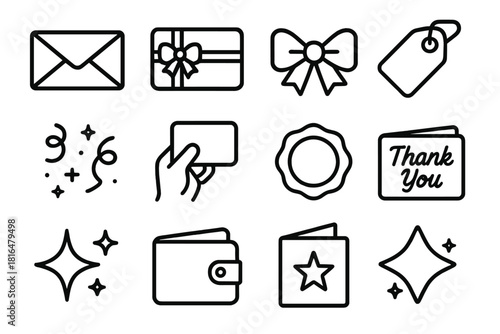 Gift Card Icons. Gift Card Exchange Set linear icon set. envelope, gift card, ribbon, bow, tag, confetti, hand holding card, envelope seal, thank you note, wallet, sparkle
