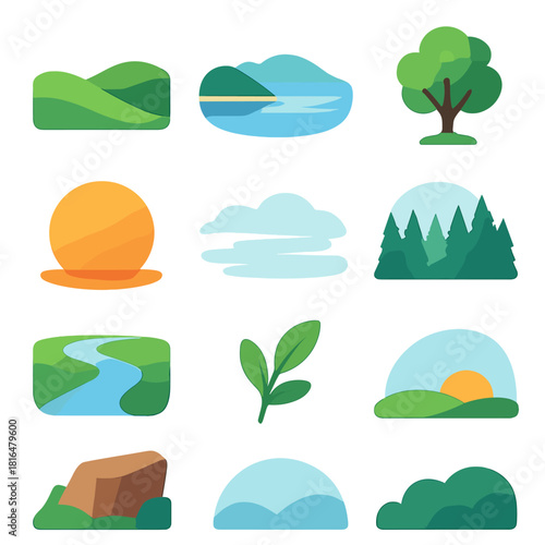 Vibrant Nature Icons. Scenic Nature Symbols flat icon set: curved hills, reflective lake, shore line, leafy tree, warm sun, fog layer, forest ridge, meadow sprig, winding river