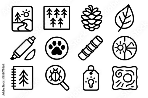 Nature Adventure Icons. Creative Outdoor Adventures linear icon set: exploration card, forest pattern tile, craft-friendly pinecone, leaf stencil, wild-color marker, trail token