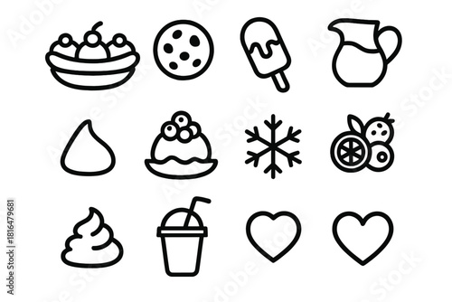 Delicious Dessert Icons. Sweet treats linear icon set: banana split, cookie crumble, ice cream bar, caramel sauce, chocolate chip, berry topping, ice crystal, frozen fruit, whipped