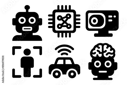 AI Robotics Icon Set. AI Robotics silhouette icon set: robot head, neural network chip, machine vision camera, object recognition, autonomous navigation, robotic intelligence icon