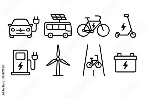 Eco-Friendly Transport Icons. Green Mobility linear icon set. electric car, solar bus, e-bike, scooter, charging station, wind turbine, bike lane, energy battery