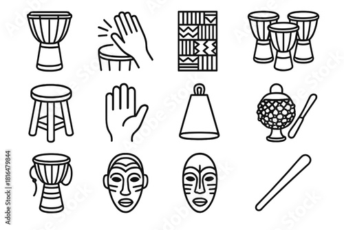 African Drumming Icons. African Drumming linear icon set. djembe drum, hand striking drumhead, kente cloth pattern, rhythm lines, drum circle, wooden stool, palm hand, cowbell