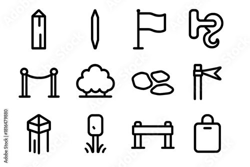 Boundary Tools Icons. Outdoor Boundary Tools Set linear icon set: garden fence post, boundary marker stake, property line flag, gate latch icon, rope boundary line, shrub divider