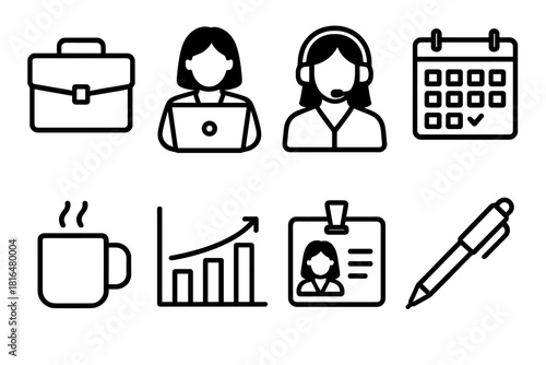 Businesswoman Icon Set. Women at Work linear icon set: briefcase, laptop, headset, calendar, coffee mug, bar chart, ID badge, pen